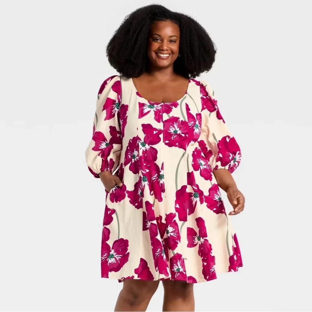 Ava & Viv NWT Cream and Pink Floral A-Line Midi Dress Size 2X
